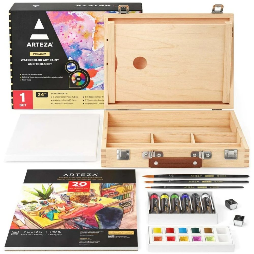 ARTEZA Watercolor Paint Kit, 24 Pieces, 18 Vibrant Watercolors